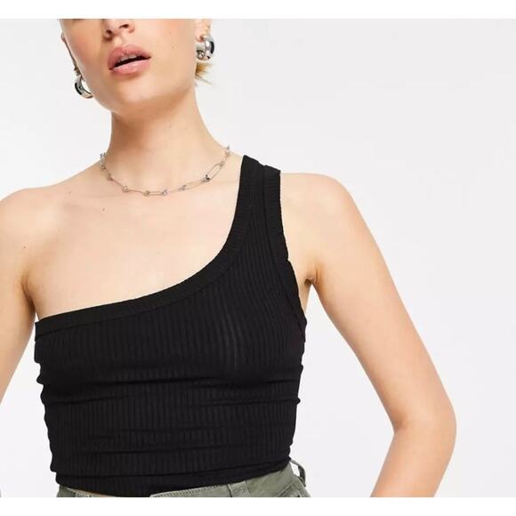 ASOS DESIGN one shoulder crop top ribbed in black size 16 plus size XL - Picture 3 of 5